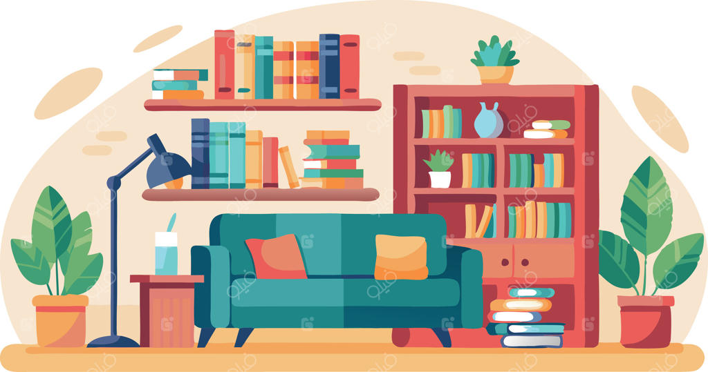 طراحی کارتونی از یک اتاق نشیمن با کاناپه، چراغ و قفسه کتاب