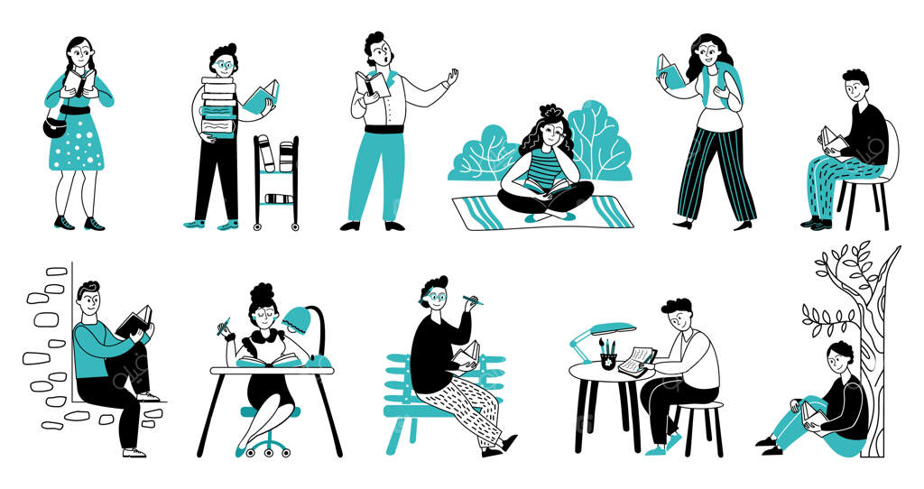 شخصیت‌های بامزه‌ی کتاب‌خوان: آدم‌های خوشحال، نوجوان‌هایی با کتاب در خانه و فضای باز، نویسنده‌های کارتونی و شیک؛ مجموعه‌ی وکتور