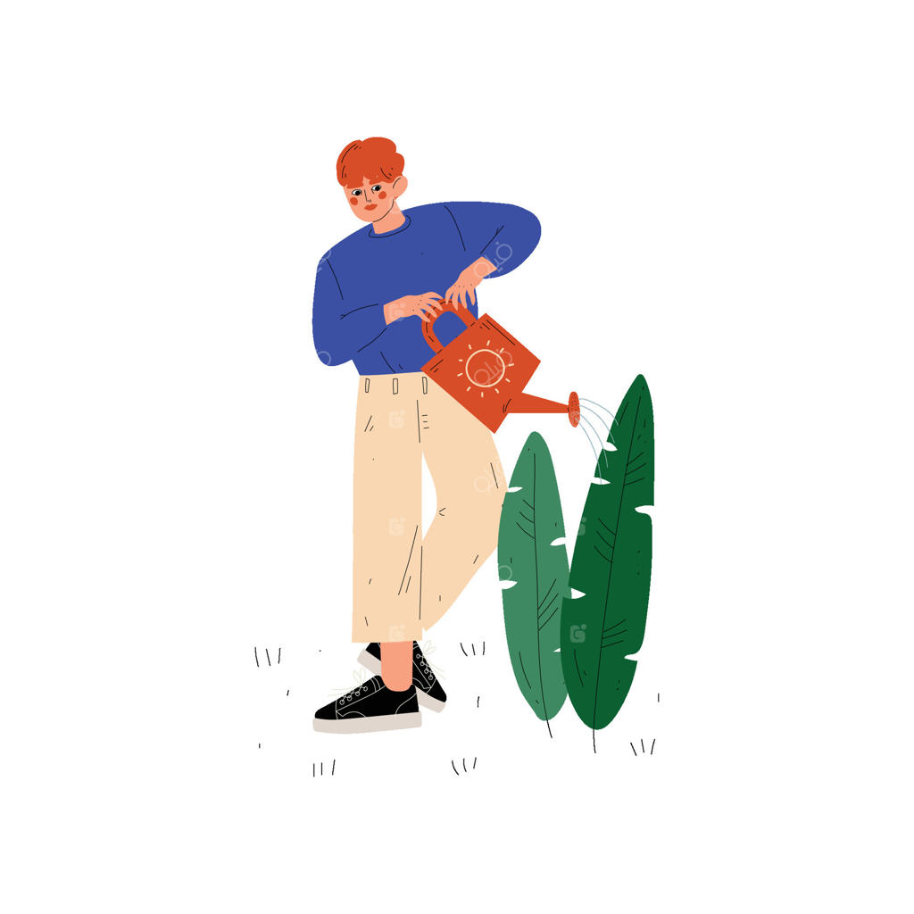 پسری که گیاهی را با آب‌پاش آبیاری می‌کند، تصویری از مردی که در باغ یا مزرعه کار می‌کند