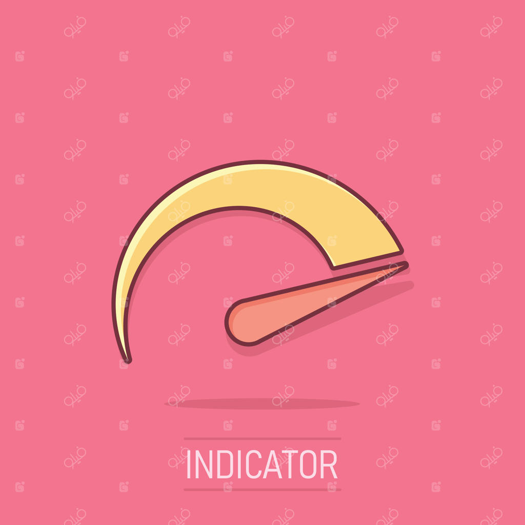 آیکون نشانگر سرعت سنج به سبک کمیک. تصویر کارتونی شتاب‌گیری برداری روی پس‌زمینه‌ی جدا. مفهوم کسب‌وکار سرعت‌سنج همراه با افکت‌های جذاب.