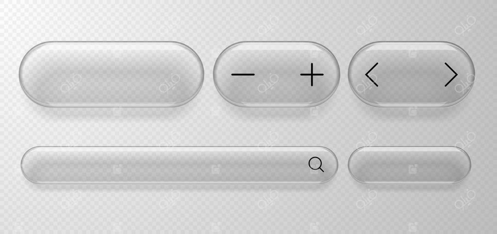 عناصر طراحی مدرن: دکمه‌ها یا قاب‌ها در سبک شیشه مایع با آیکون جستجو، فلش‌های تغییر، و آیکون‌های بعلاوه و منفی. شیشه‌نگاری.