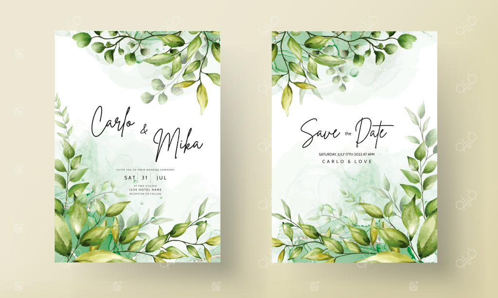 کارت دعوت عروسی شیک با طرح برگ‌های آبرنگی زیبا