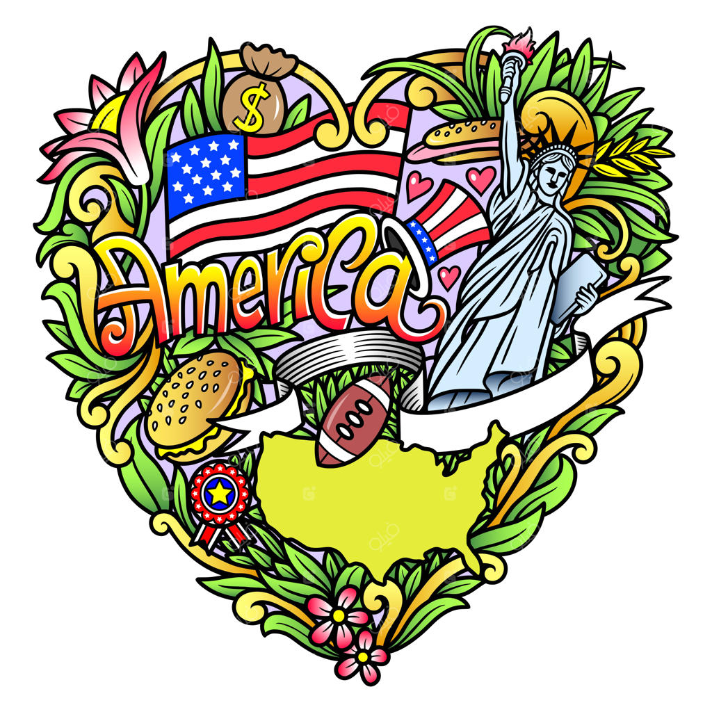 تصویرسازی دودل رنگارنگ عناصر آمریکایی با تزئینات گل‌دار