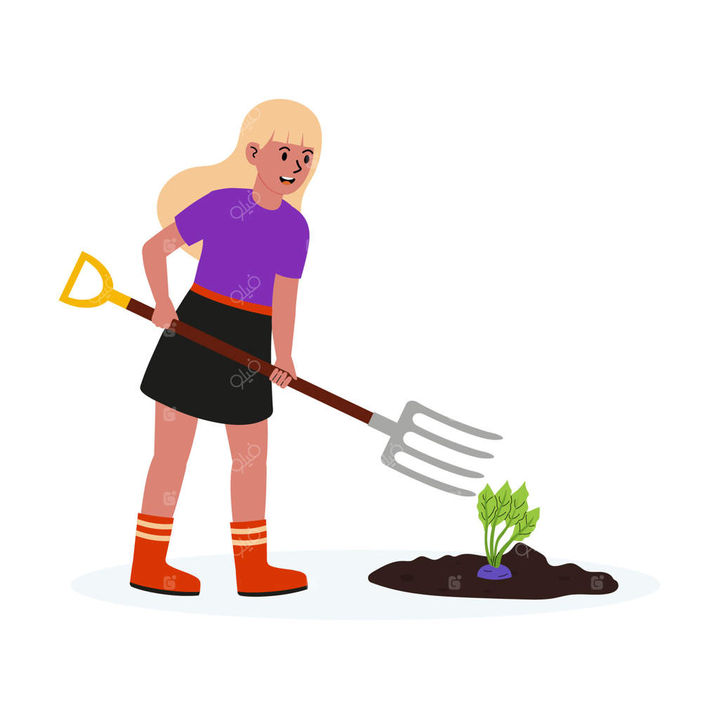 دختر در حال کاشت نهال با چنگک باغبانی در یک روز آفتابی در فضای باز