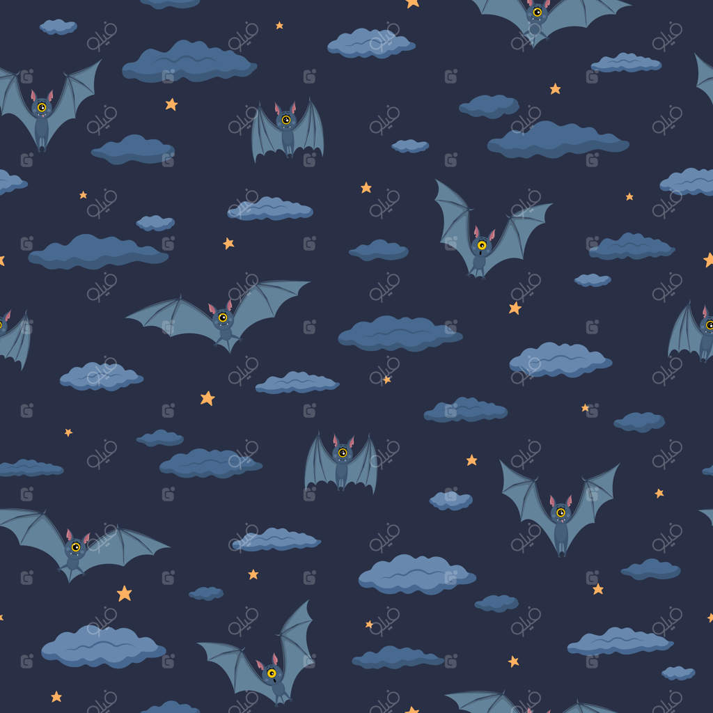 طرح یکپارچه روی پس‌زمینه آبی تیره. خفاش‌ها در آسمان شب پرواز می‌کنند. ستاره‌ها و ابرها. هالووین. تصویر برداری به سبک تخت. مناسب برای کاغذ کادو، منسوجات و طراحی.