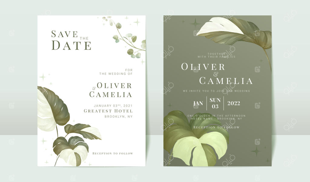 مجموعه قالب کارت دعوت عروسی با طرح آبرنگی مونسترا