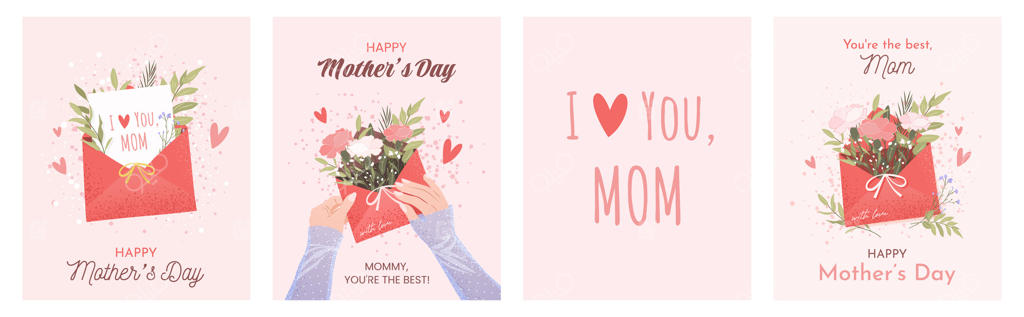 مفهوم روز مادر مبارک. مجموعه‌ای از چهار کارت تبریک یا پوستر عمودی روی زمینه سفید. پاکت نامه، دست‌های زنانه، گیاهان و قلب‌ها. مامان دوستت دارم. طرح‌های دانه‌دار به سبک تخت.