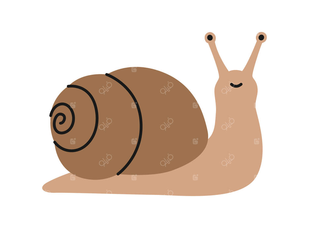 حلزون قهوه‌ای و بامزه با لبخند بر روی زمینه سفید. نرم‌تنی تنها با پوسته مارپیچی. حیوان خانگی دوست‌داشتنی، موجودی باغچه‌ای به سبک ساده. شخصیت نرم‌تن خانگی یا وحشی. طراحی مسطح.
