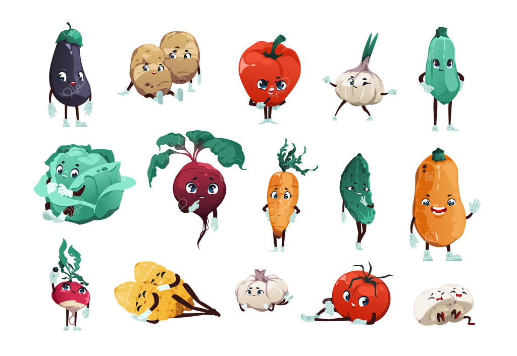 شخصیت‌های سبزیجات کارتونی - خوراکی‌های ارگانیک بامزه با چهره‌های خنده‌دار برای کودکان - مجموعه تصویرسازی وکتور سیب‌زمینی، پیاز، گوجه‌فرنگی و خیار