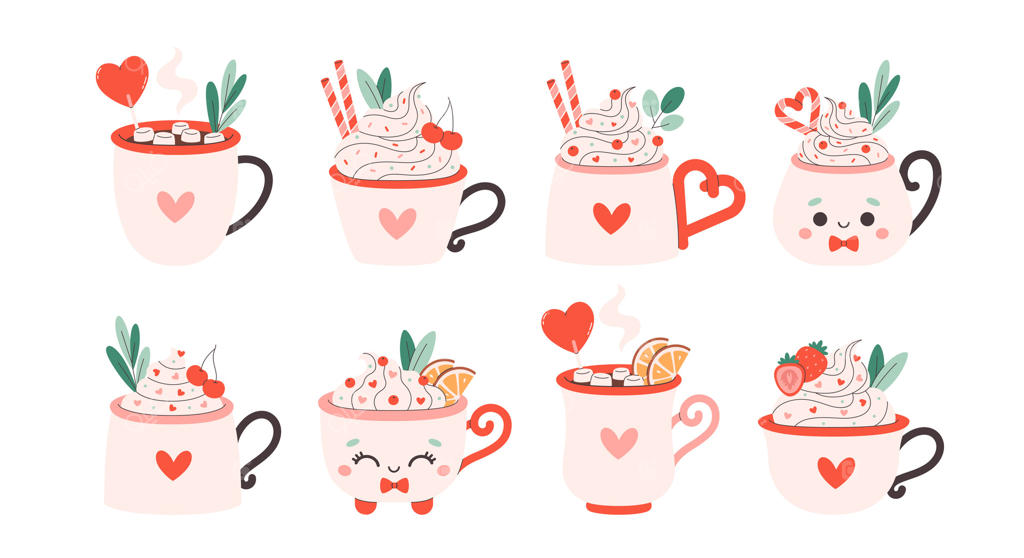 نوشیدنی‌های گرم مخصوص تعطیلات با تزیینات جذاب: مارشمالو، گیلاس و توت‌فرنگی در لیوان بامزه. قهوه خامه‌ای، هات چاکلت، کاکائو داغ. ایده‌آل برای جشن روز ولنتاین