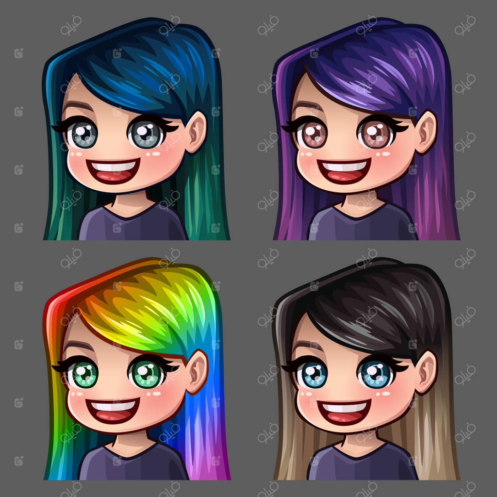 آیکون‌های احساسی: لبخند زن با موهای بلند برای شبکه‌های اجتماعی و برچسب‌ها