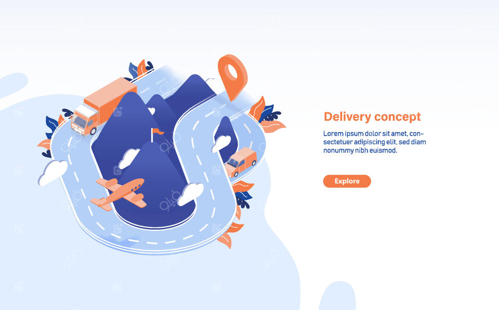 قالب بنر وب افقی با جاده، کامیون، هواپیمای پرواز، نشان مکان و جایگاه متن. تصویر ایزومتریک مدرن برای تبلیغ و آگهی خدمات تحویل و ارسال.