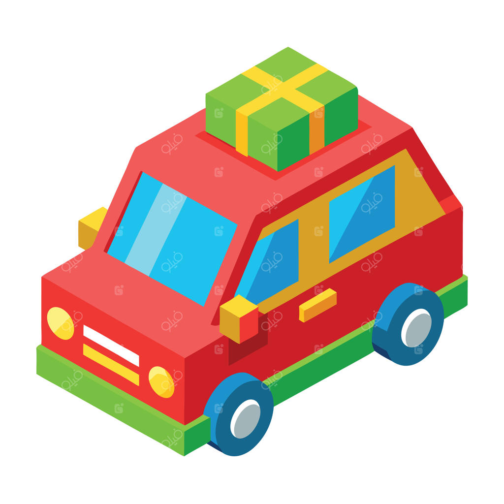 ماشین اسباب‌بازی قرمز ایزومتریک با هدیه سبز روی سقف و چرخ‌های آبی