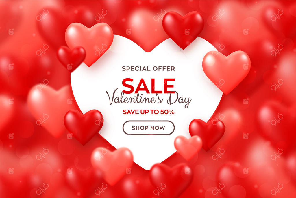 بنر تخفیف ویژه روز ولنتاین: بادکنک‌های قرمز و صورتی درخشان و قلب‌های سه‌بعدی با بنر کاغذی به شکل قلب.