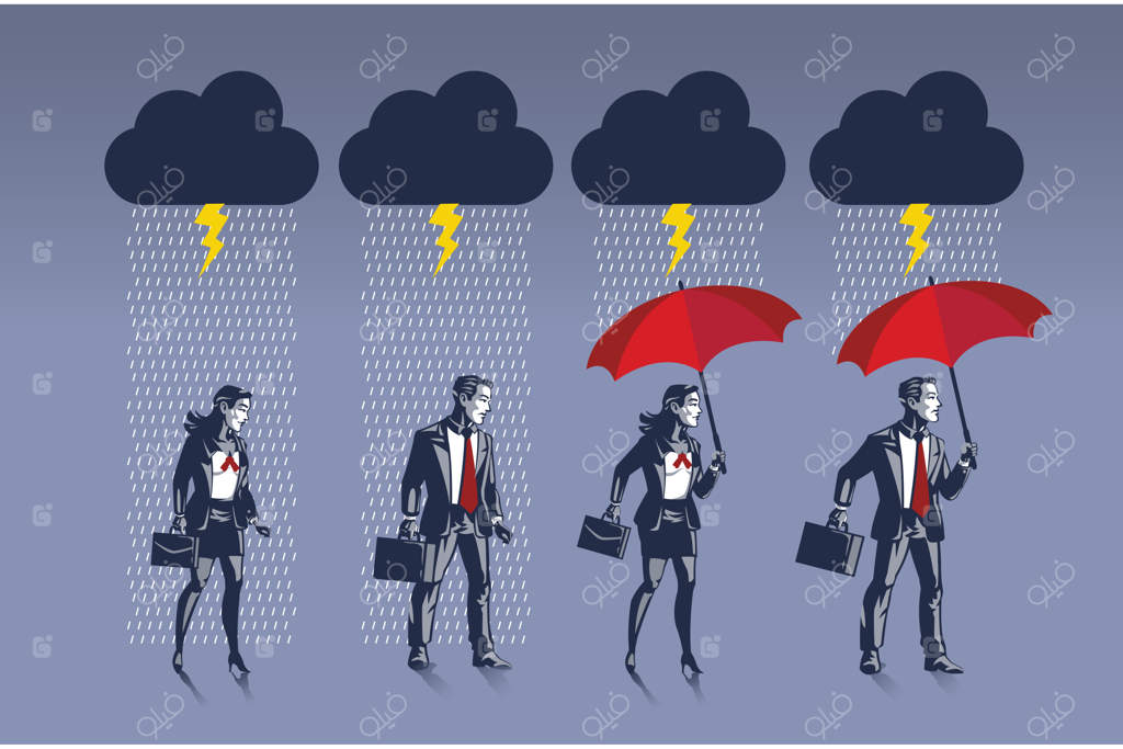 تاجر و تاجر زن با حمل چتر برای محافظت از باران آماده می‌شوند