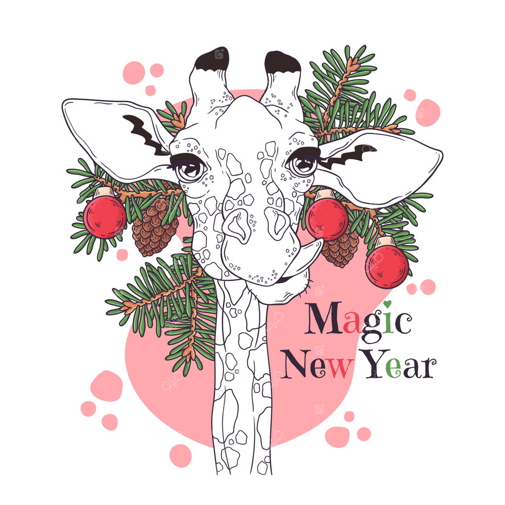 پرتره‌ای از زرافه بامزه در کنار درخت کریسمس.