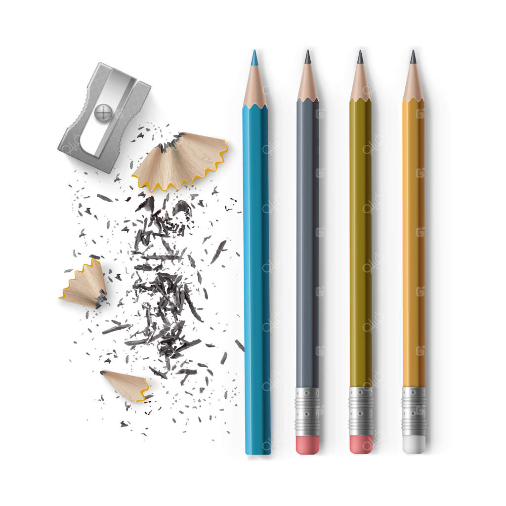 مجموعه‌ای از مدادهای رنگی و مدادهای گرافیتی تراشیده شده به همراه پاک‌کن و تراش و تراشه‌ها روی زمینه سفید
