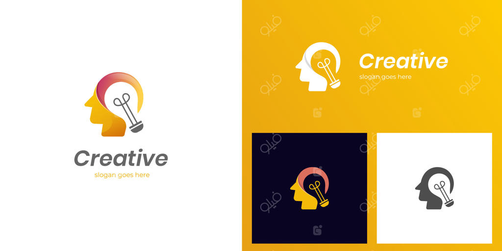 طراحی آیکون و لوگوی خلاقانه مغز و لامپ، المان گرافیکی سر انسان با لامپ نماد تفکر و پژوهش، قالب لوگوی طوفان فکری