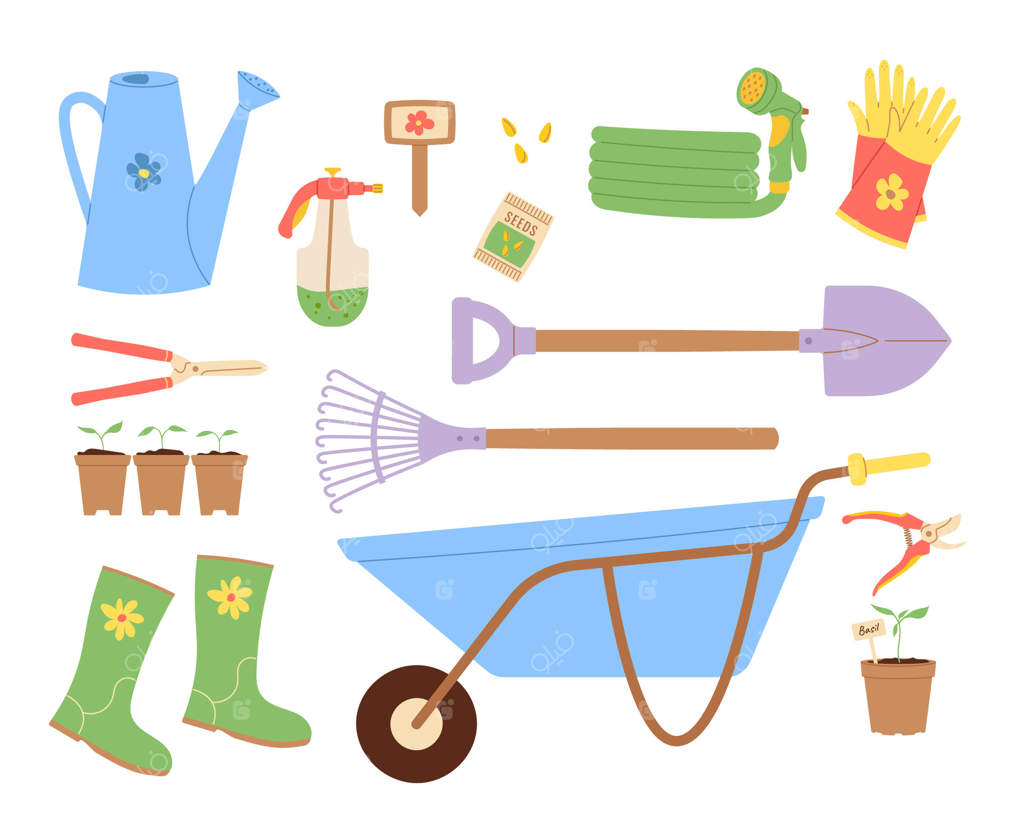 مجموعه‌ای از ابزارهای باغبانی: تصویرسازی برای کارهای باغ، محوطه‌سازی، کاشت و مفاهیم کشاورزی