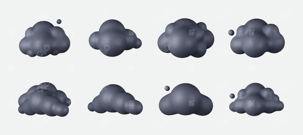 ابرهای کارتونی سه‌بعدی در تاریکی؛ اشکال کومولوس نرم و پف‌دار با استایل فانتزی، گرد و صیقلی، مناسب برای آیکون‌های آب‌وهوا و گرافیک‌های هواشناسی بامزه