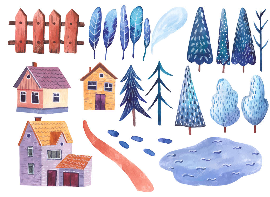 عناصر منظره: تصویرسازی آبرنگی کوه‌ها، جاده، خانه‌ها و درختان بر روی پس‌زمینه سفید