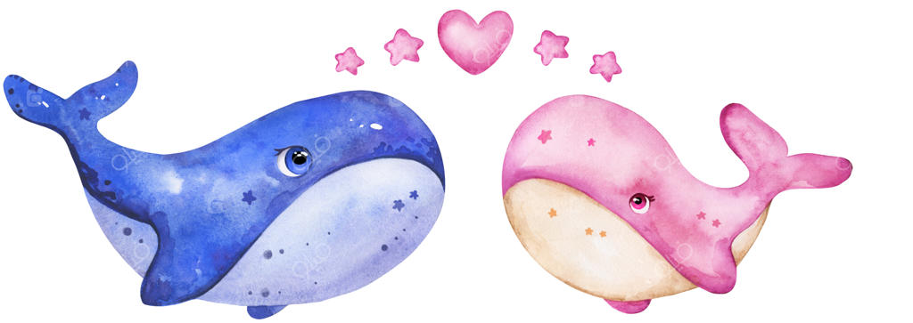 نهنگ کارتونی بامزه برای اتاق کودک، طراحی شده با آبرنگ و فواره‌ای از قطرات آبی.