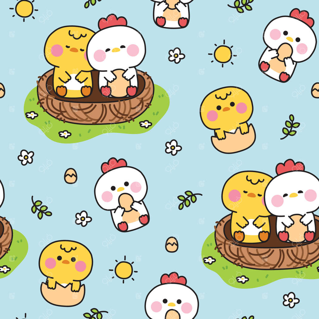 پترن یکپارچه مرغ و جوجه‌های بامزه در لانه در پس‌زمینه باغ. صبح. خورشید، گل، برگ، تخم‌مرغ. طراحی شخصیت کارتونی پرنده مزرعه. کاوایی. تصویرسازی.