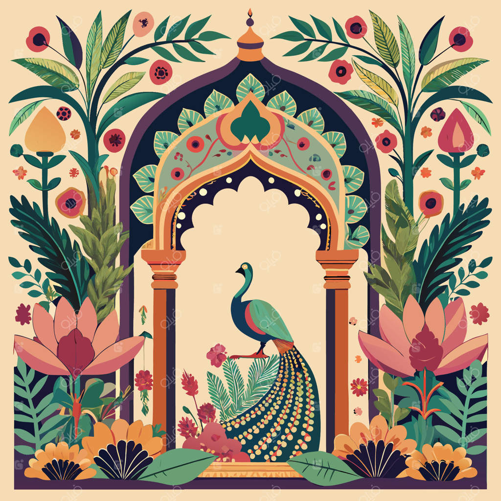 طاق زیبای معماری مغول با تزئینات باشکوه و طاووس افسانه‌ای