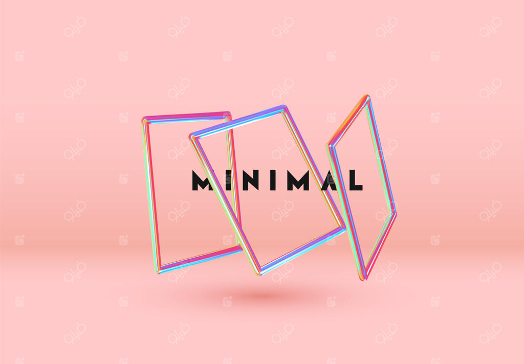 پس‌زمینه انتزاعی مینیمال با عناصر هولوگرام آبی و صورتی و قاب مربعی شناور در فضا. پوستر با اشکال حجم‌دار هندسی سه‌بعدی واقعی. تصویر سازی وکتور