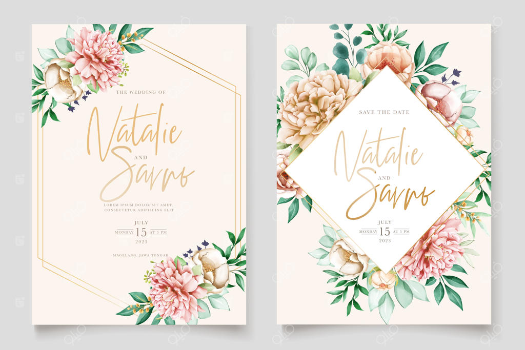 مجموعه کارت دعوت عروسی با طراحی گل‌های آبرنگی شیک