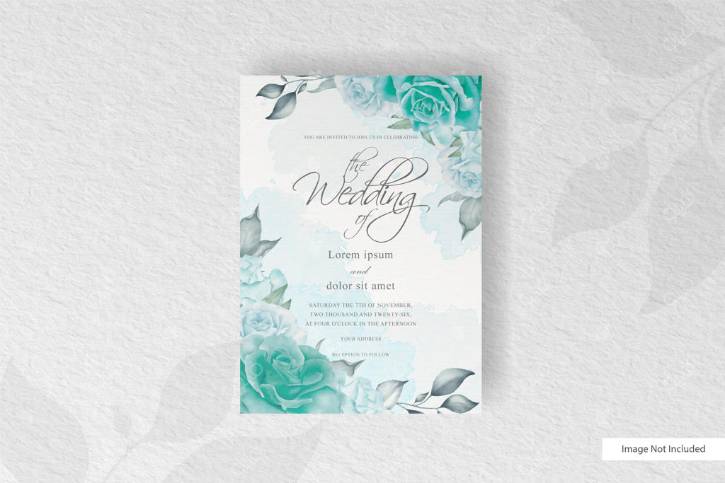 کارت دعوت عروسی زیبا با طرح گل‌های سبز و پاشیدن آبرنگ