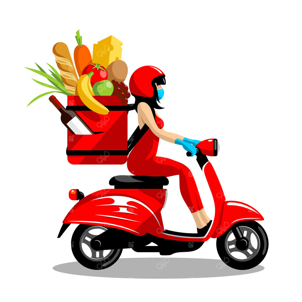 پیک تحویل غذا با ماسک سوار بر اسکوتر (برداری EPS 8)