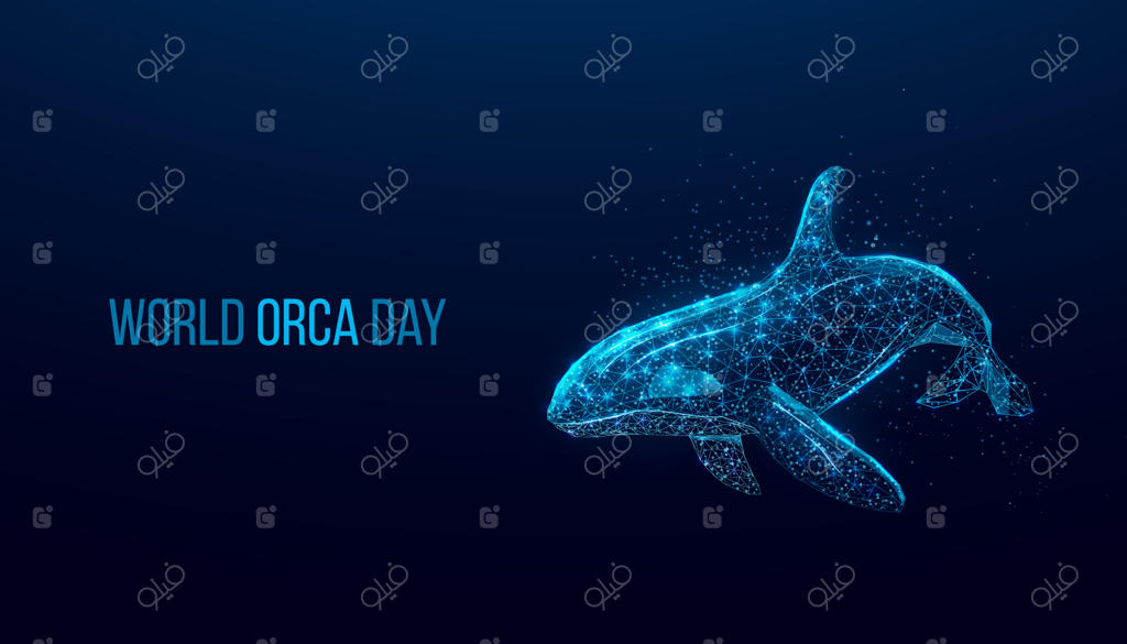 روز جهانی نهنگ قاتل - طراحی کم‌پلی و نیمه‌شفاف نهنگ قاتل بر روی پس‌زمینه آبی تیره - تصویر سازی آینده‌نگر و انتزاعی وکتور