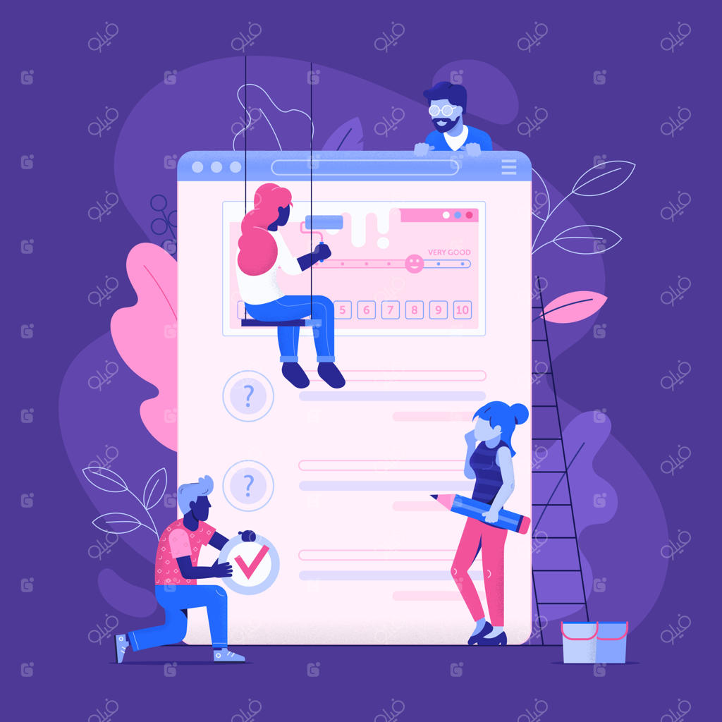 طراحی مفهوم نظرسنجی بازخورد مشتری به سبک فلت: تیمی از افراد در حال ایجاد فرم آزمون یا پرسشنامه برای تحقیق بازاریابی و بررسی تجربه کاربری با طراحی کاربری(UI)