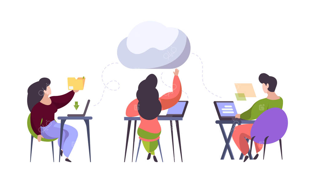 مفهوم همکاری از راه دور: فناوری‌های ذخیره‌سازی ابری در اینترنت هم‌افزایی می‌کنند - افراد در حال کار با لپ‌تاپ، همکاری مجازی (بردار)