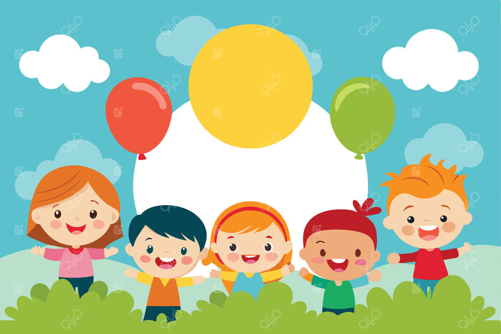کودکان کارتونی خندان و گوناگون در حال دست تکان دادن با بادکنک زیر آسمان آفتابی