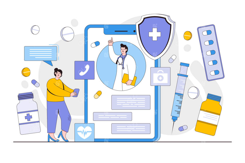 خدمات پزشکی از راه دور: مفهوم مشاوره آنلاین پزشکی با دکتر بر روی صفحه موبایل - طراحی ساده برای صفحات فرود و بنرهای وب