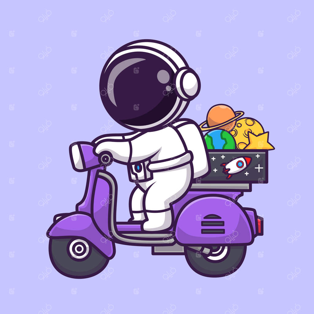 تصویر وکتور کارتونی فضانورد بامزه با اسکوتر و جعبه سیاره‌ای، نماد علمی و حمل‌ونقل