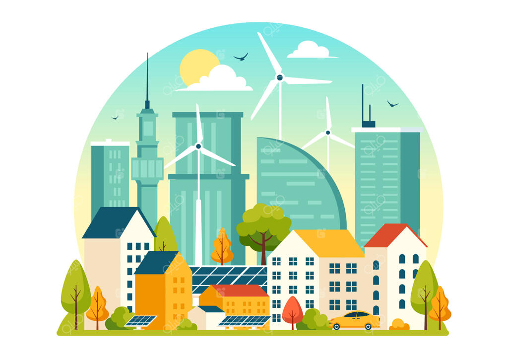 تصویری از راهکارهای انرژی پایدار در شهر با پنل‌های خورشیدی و توربین‌های بادی در چشم‌انداز شهری مدرن