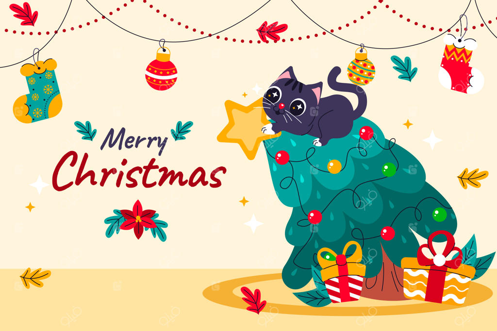 پس‌زمینه تخت برای جشن کریسمس با گربه سیاه روی درخت