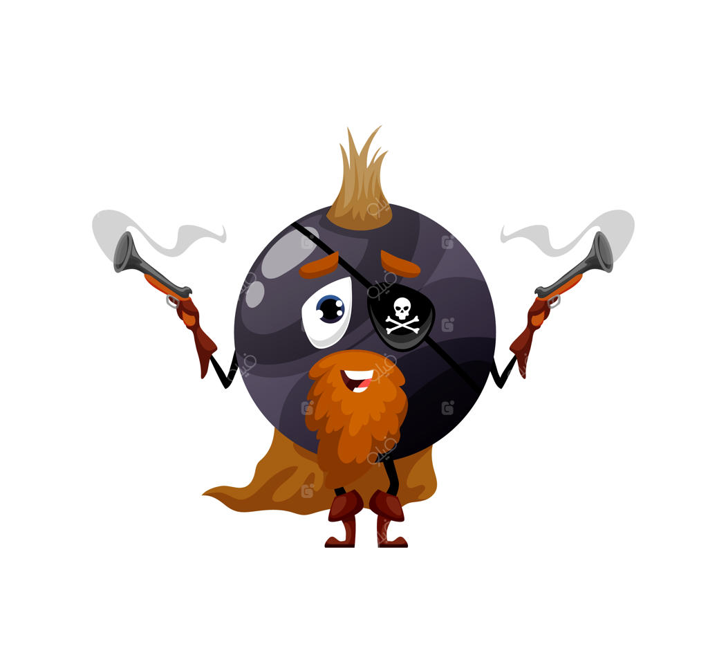شخصیت کارتونی دزد دریایی کشمش سیاه تک‌چشمی: دزدی که در لباس جشن با تفنگ‌هایش شلیک می‌کند، شخصیت کشمش سیاه در لباس دزد دریایی، آماده برای حمله!