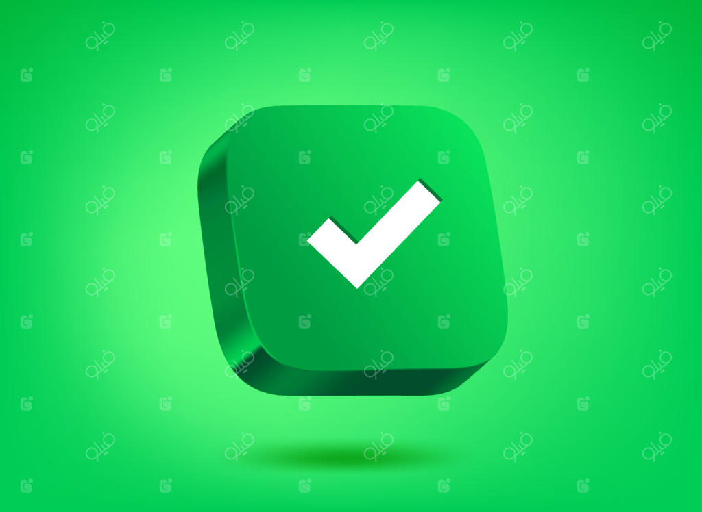 دکمه سبز با علامت تیک در پس‌زمینه سبز، تصویرسازی وکتور سه‌بعدی