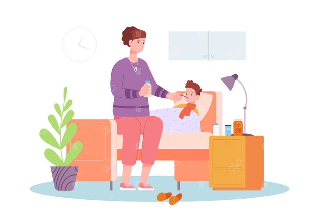 مادری که از کودک بیمار خود مراقبت می‌کند: شربت سرفه و مراقبت در خانه برای سرماخوردگی و بیمار شدن کودک