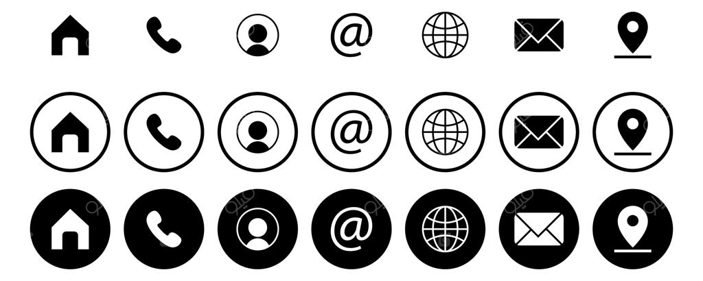وکتور آیکون‌های وب، تماس با ما، وبلاگ و نشان‌های دایره‌ای شبکه‌های اجتماعی در پس‌زمینه سفید