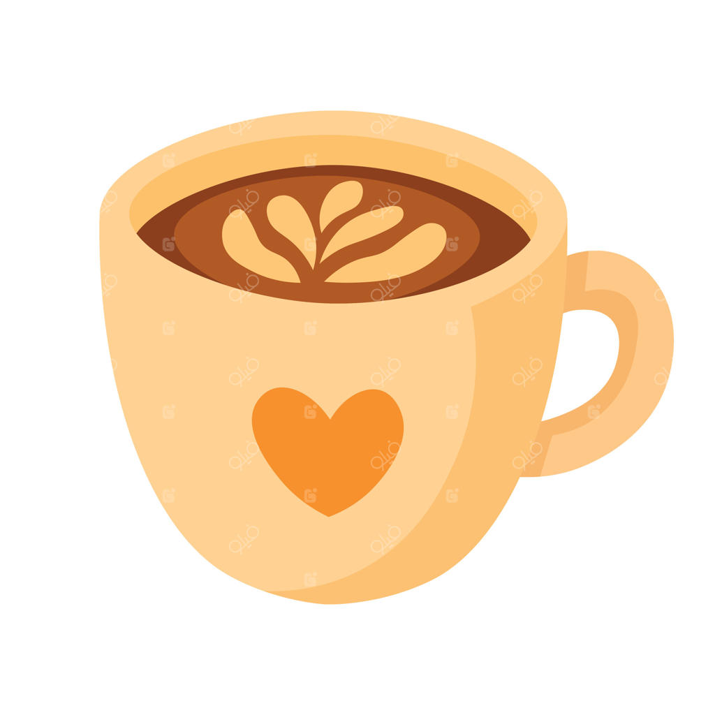 فنجان قهوه با طرح لاته و قلب، کلیپ‌آرت کارتونی دنج برای کافه و صبحانه.