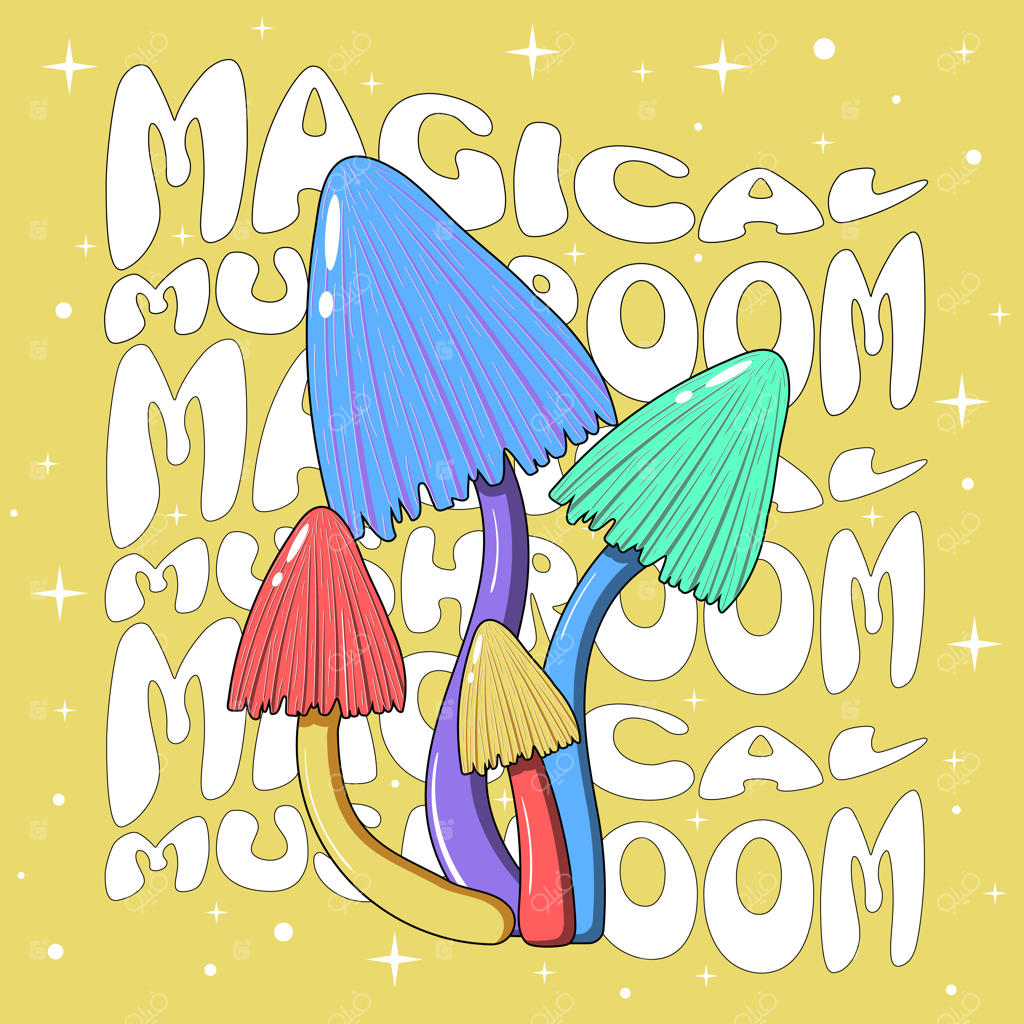 تصویرسازی رترو با قارچ‌های هیپی روشن و روان‌گردان