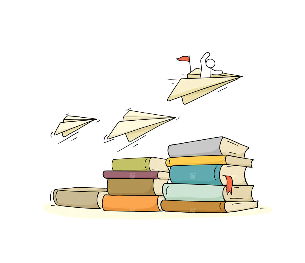 طرح مرد کوچکی با کتاب‌های فراوان