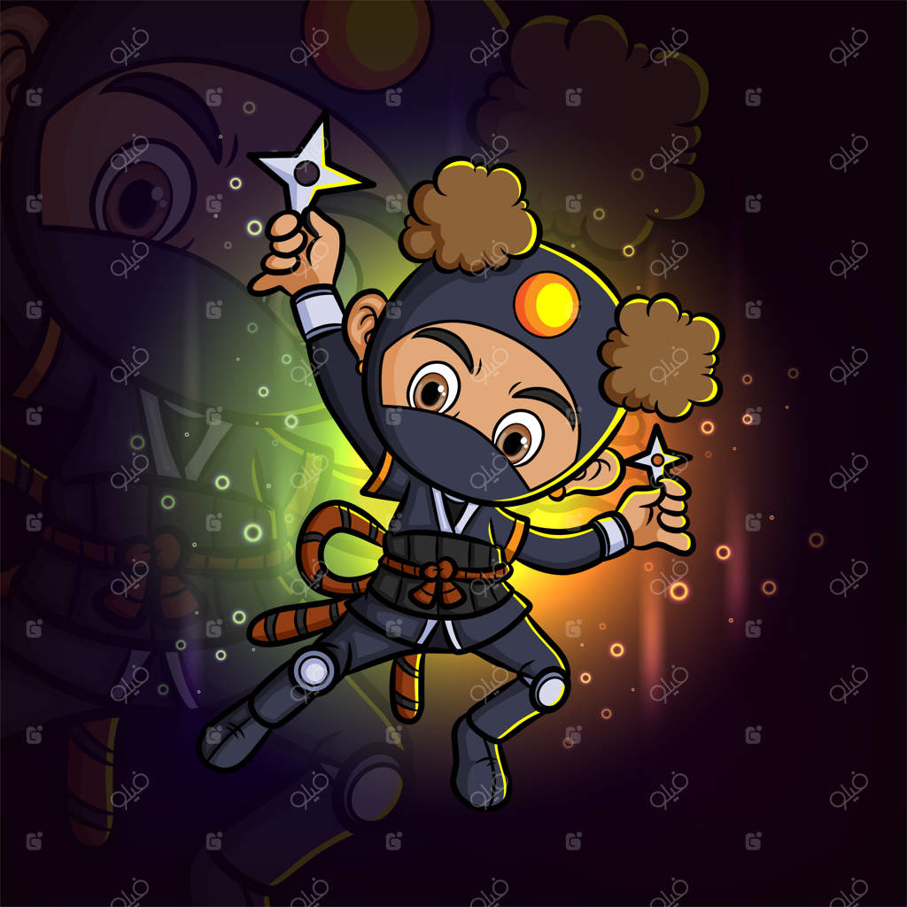 طراحی لوگوی نمادین اسپرت: دختر نینجای بامزه با شوریکن در دست