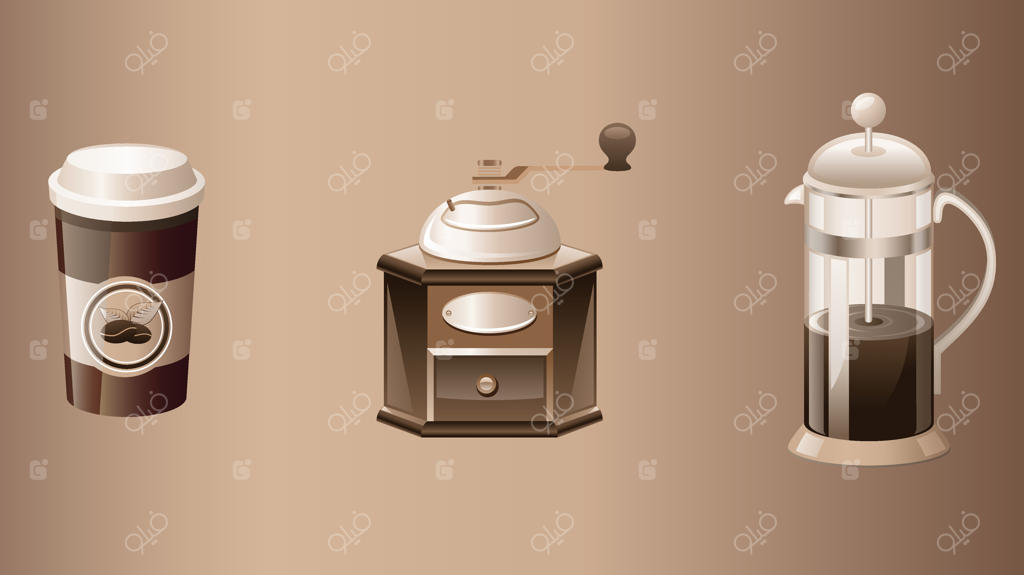 مجموعه‌ای از نوشیدنی‌های قهوه، دانه‌ها و دستگاه‌ها
