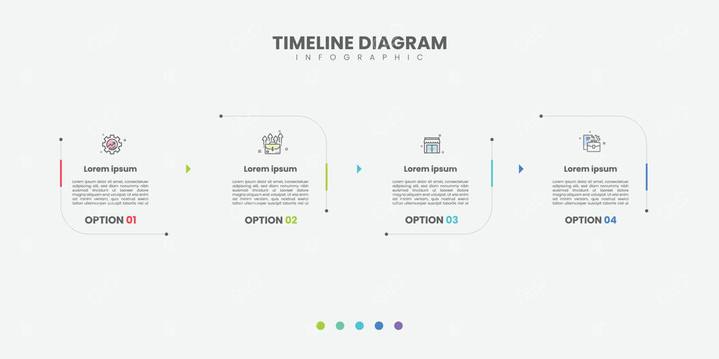 نوار پیشرفت با ۴ فلش در پس‌زمینه عناصر نیمه‌شفاف به‌صورت افقی. مفهوم سه مرحله تا موفقیت در کسب‌وکار. قالب طراحی اینفوگرافیک مینیمال.